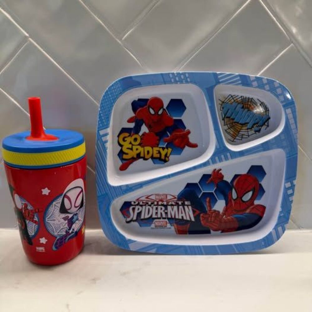 Marvel Spider-Man Divided Plate and 12 oz Stainless Steel Tumbler Exc. Condition